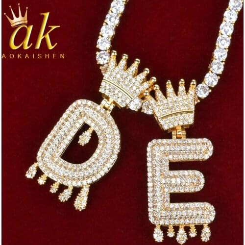 Initial Crown Drip Bubble Letter Pendan With Tennis Chain For Women Gold Color Cubic Zirconia Hip Hop Rock Street Jewelry