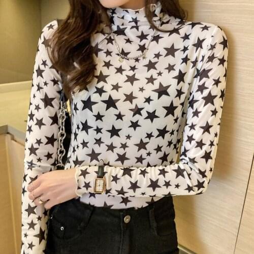 Size M-3XL Girls Stars Mesh T-Shirts Tees Female Full Sleeve Turtleneck Thin Stretchy Semi-transparent Tshirt Tops Women