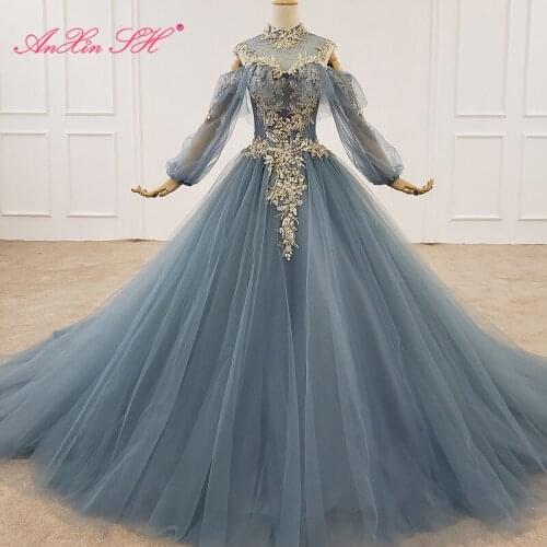 AnXin SH Luxury princess blue lace beading flower illusion high neck long sleeve ruffles lace up wedding dress 100% real photos