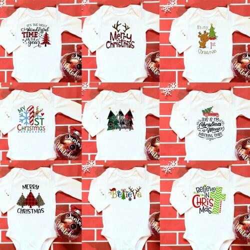 Merry Christmas Funny Print Romper Jumpsuit Infant Newborn Baby Girls Boys Long Sleeve Outfit Christmas Clothes Fast Shipping