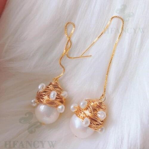 White Baroque Pearl Long Section Earring 18k Ear Stud Party Cultured Natural Earbob Accessories AAA Dangle Jewelry