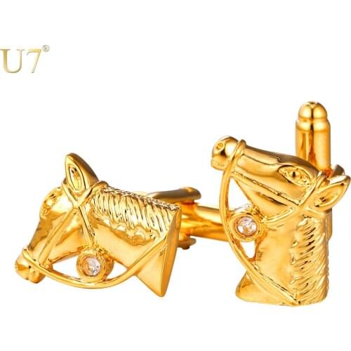 U7 New Crystal Horse Head Cufflinks For Men Fashion Jewelry Trendy Gold Color Cuff Links Animal Jewelry C015