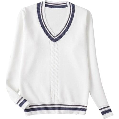 S-XXL Women Men Autumn Winter Beige Long Sleeve Knit Tops Pullovers V Neck Couples Sweaters For JK School Uniform Student Clothe