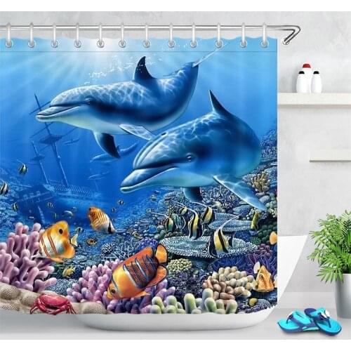 Marine Animal Life Shark Dolphin Shower Curtain Tropical Fish Coral Underwater World Bathroom Bath Curtain Home Decor With Hooks