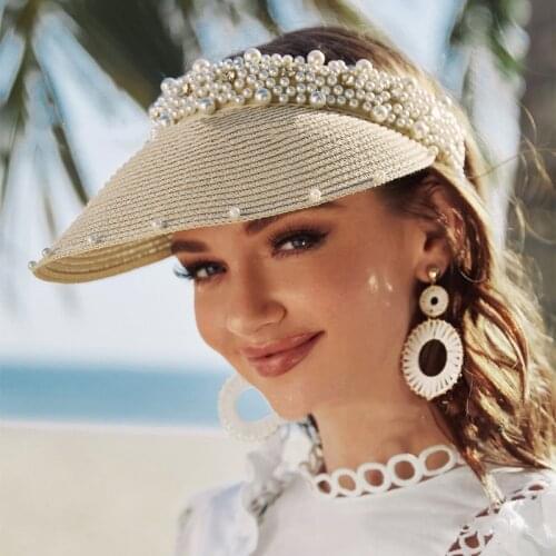Imitation Pearl Empty Top Straw Hats for Women Casual Summer Beach Visor Caps Wide Large Brim Sun Protection Outdoor Sports Cap