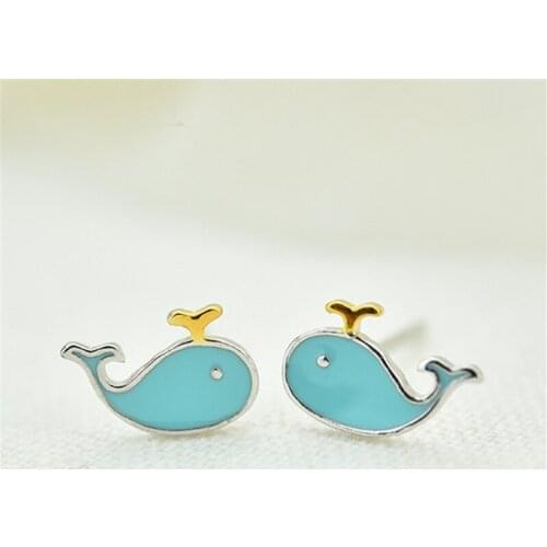 925 Sterling Silver Blue Fish Stud Earrings For Women Girls Sterling-silver-jewelry Pendientes Mujer Female Pendientes Brincos