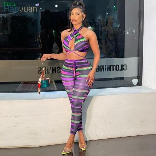 HAOYUAN Striped Two Piece Summer Vacation Outfits Backless Crop Top High Waist Joggers Women Beachwear Y2k Clothes Matching Sets