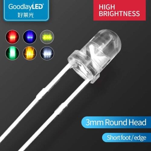 1000PCS Led 3mm Round Head with short legs transparent white light red blue green and yellow directly inserted led beads