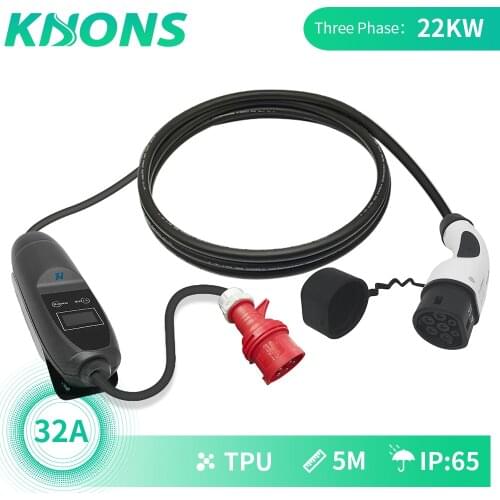 Khons Wallbox 22KW 3 Phase EVSE Type 2 Electric Car Vehicle EV Charger With CEE Plug 32A Adjustable 5m EV Cable Fast Charging