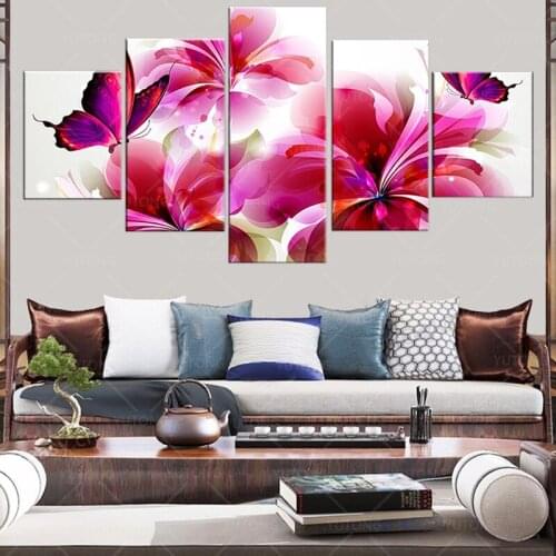 5 Panel HD Print Poster Abstract romantic red Flower Butterfly Wall Art Canvas Painting bedroom living Room Home Decor Picture