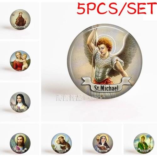 5PCS/SET St Michael Virgin Mary Raphael Renaissance 25mm Glass Cabochon Jewerly Pendant Christian Religious Necklace