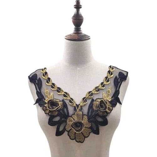 Glitter Black Golden 3d Rose Flowers Embroidered Venise Lace Fake Collar Applique Patch Women Dress Costume DIY Sewing Supplies