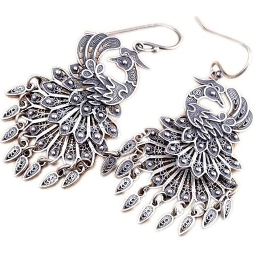 BOCAI New ethnic style womens earrings solid s990 pure silver jewelry filigree distressed womens peacock earrings