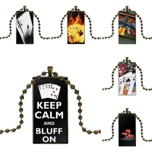 For Unisex Party Gift Poker Casino Pattern Jewelry With Bronze Plated Glass Cabochon Choker Long Pendant Rectangle Necklace