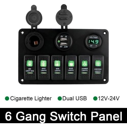 ON/OFF Lights Dual USB Ports 6 Gang Rocker Switch Panel Waterproof Car Marine Circuit Breaker LED Digital Voltmeter DC 12V/24V