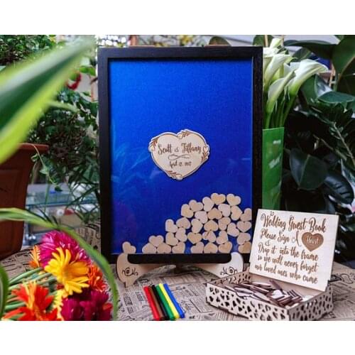 Customize name bride groom black wedding engraved Alternative Wooden memory guestbooks with heart drop box signature guest books