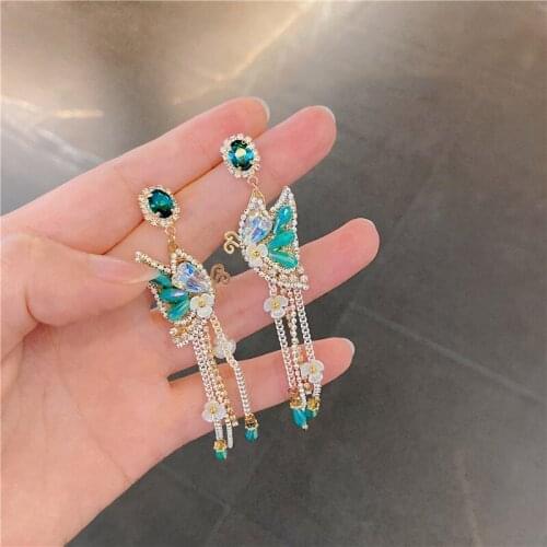 Korean new fashion pearl tassel long section color dripping fairy fairy butterfly open ring necklace earring female suit jewelry