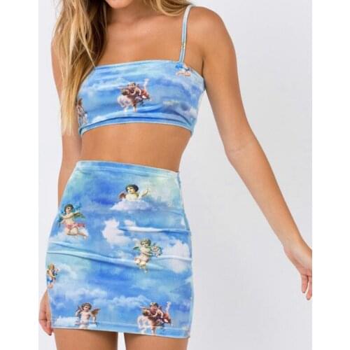Summer Woman Fashion Crop Top and Skirt Cute Printed Sexy Two Piece Set