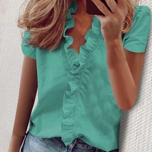 Summer Ruffles V Neck Blouse Office Laides Short Sleeve Women Shirt Casual Solid Color Tops Clothing