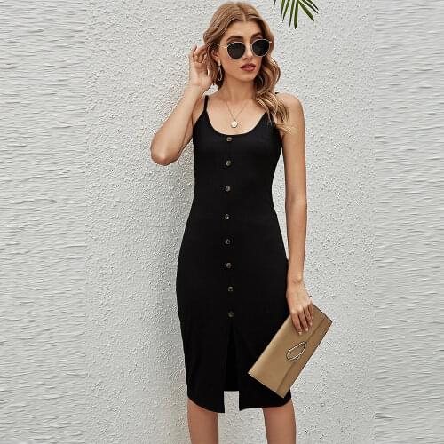 MISSJOY Women Sleeveless Sling Backless Sexy Slim Solid Color Split Buttons Bodycon Party NightClub High Waist Woman Dresses