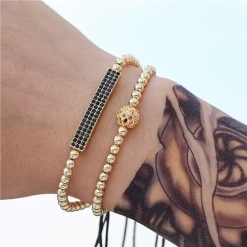 Fashion New CZ Polygon Men Bracelet Sets Gold Color 2pcs/ Set Pave CZ Charm Bead Bracelet For Men Jewelry Gift Pulsera Hombre
