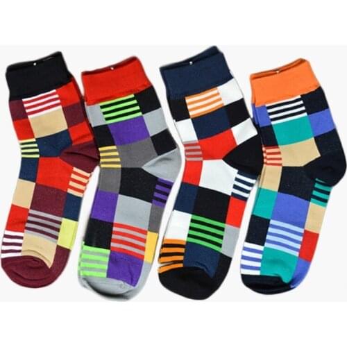 Men Socks Funny Plaid Harajuku Hip Hop Street Style Winter Korea Lattice Happy Casual Ventilation Cotton Socks Male Dress Socks