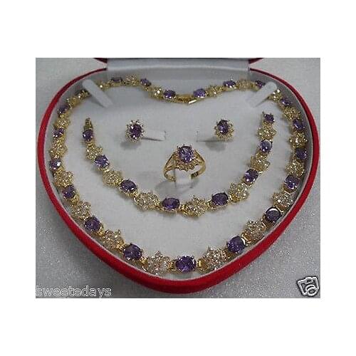 New Style Hot saleMothers gift purple Crystal 18KGP Earring Bracelet Necklace Ring Fashion Wedding Party Jewellery set