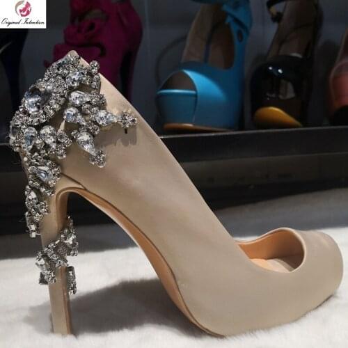 Original Intention Gorgeous Women Platform Wedding Pumps Shoes Woman Rhinetstone Heels Peep Toe Thin Heels Pumps Plus Size 4-15