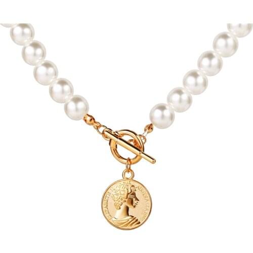 New Round Imitation Pearls Choker Necklaces For Women Gold Coin Bow Knot Pendant Necklace Long Chain Jewelry Party