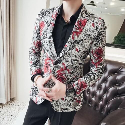 Spring Autumn Men Blazer Slim Fit Party Banquet Nightclub Jacket Singer Host Stage Costume Floral Jacquard Groom Suit