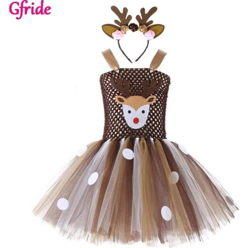 Girls Christmas Costumes For Girls Eve Xmas Dress up Party Dresses Kids Deer Animal Costume New Year Tutu Dress with Headband
