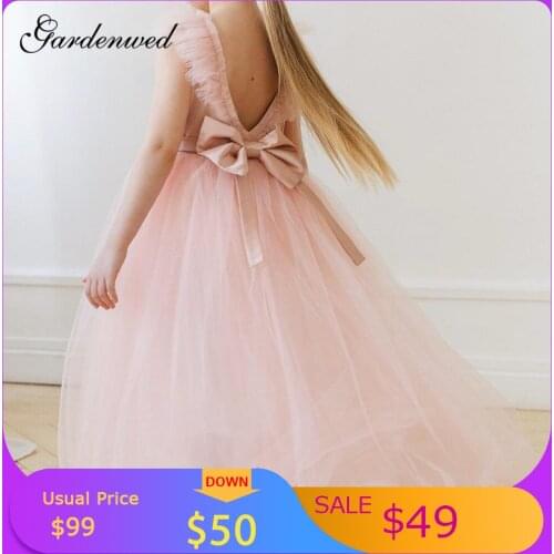 Pink Boho Flower Girl Dresses Backless Long Tulle First Communion Dresses Ruffles Bow Sashes Girls Beach Wedding Party Dresses