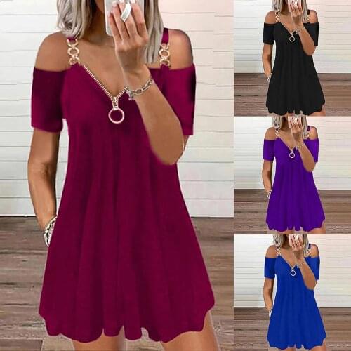 Cold Shoulder Zipper V-Neckline Dress Sundress Strap Chain Womne Summer Mini Dress Casual Fashion Casual Ladies Dress D30