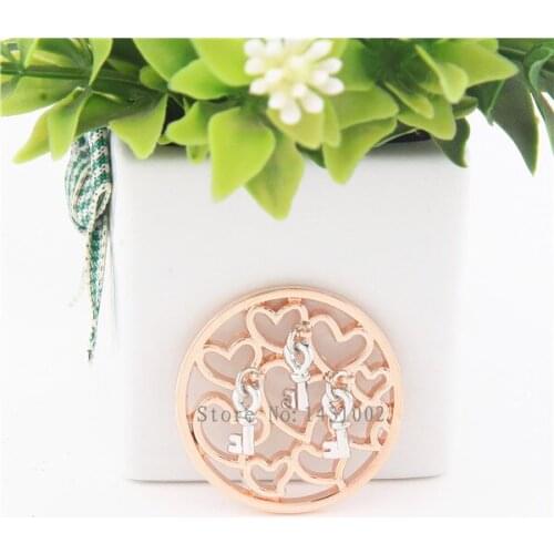 Vinnie Design Jewelry New 33mm Multi Hearts with Key Dangle Coin Disc for Frame Pendant Coin Holder Necklace