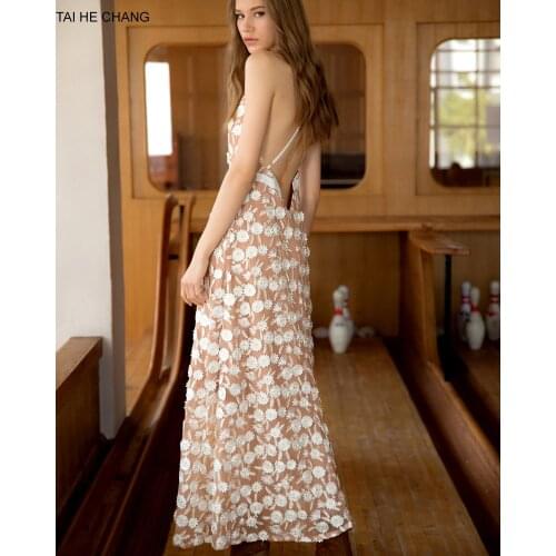 2018 new women dress summer elegant vestidos bodycon sexy formal party v-neck backless mesh embroidery maxi long runway dresses