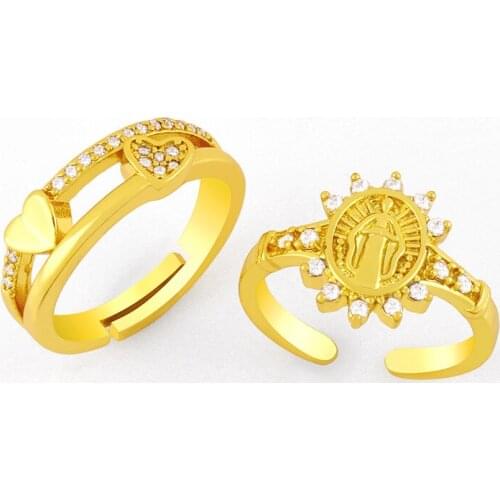 Double Layer Heart Open Cuff Rings For Women CZ Cubic Zirconia Virgin Mary Finger Ring Gold Plated Jewelry Gift rigk63