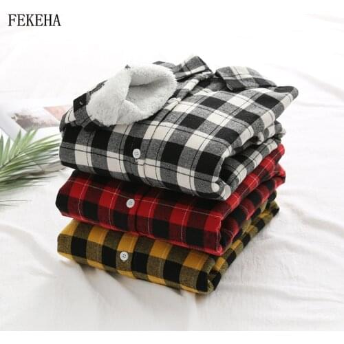 Winter Velvet Plaid Shirts Womens Blouses Thick Keep Warm Checked Tops Female Clothes Outwear