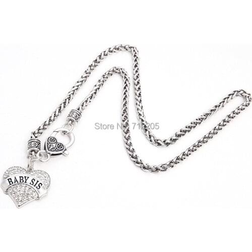 1 inch*1 inch 1pcs antique silver plated Wheat Link necklace Chain with rhodium plated crystal hearts Baby sis necklaces
