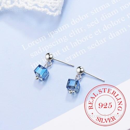 100% 925 Solid Real Sterling Silver Piercing Colorful Square Stud Earrings For Women Wedding Jewelry Gift Pendientes