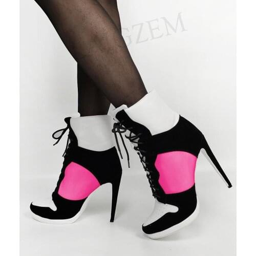 BERZIMER SUPER Women Ankle Boots High Heels Short Lace Up Boots Patchwork Donne Stivali Unisex Shoes Woman Big Size 39 43 45 47