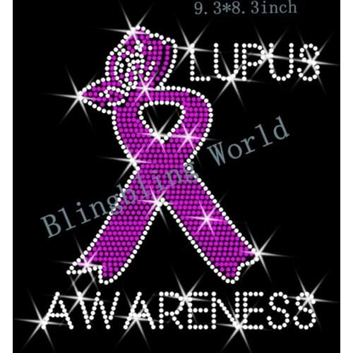 Free shipping ribbon with heart lupus words fuchasia white clear crystal rhinesotne transfers hotfix motifs design