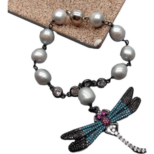 YYGEM Cubic Zirconia Pave Dragonfly Charm natural Cultured Silver Gray Rice Freshwater Pearl Wire Wrapped Bracelet 8"