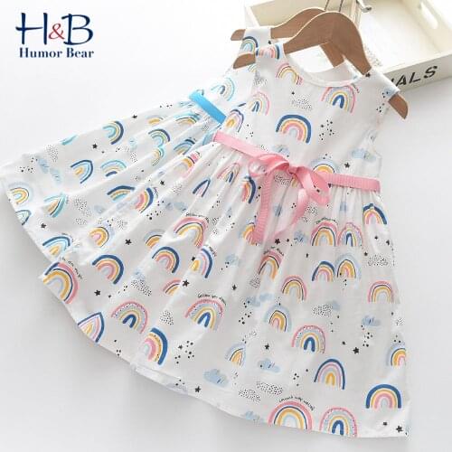 Humor Bear Girls Sleeveless Dresses New Summer Cartoon Rainbow Sweet Lacing Kid Princess Party Dress 3-8Y