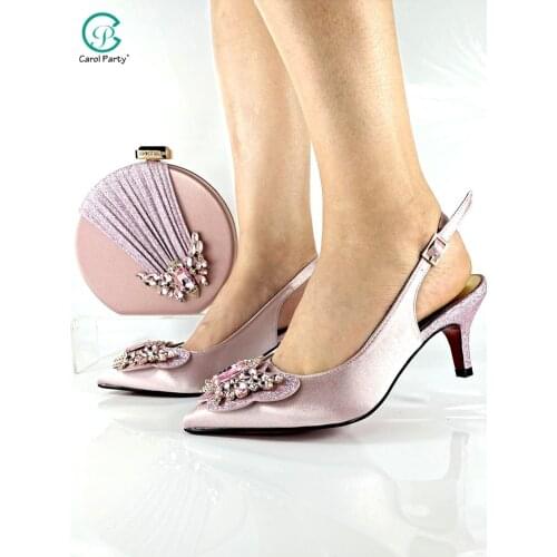 Italian Design 2021 Nigerian Fashion Butterfly-Kond Style Crystal Style Ladies Shoes and Bag Set in Pink Color for Party