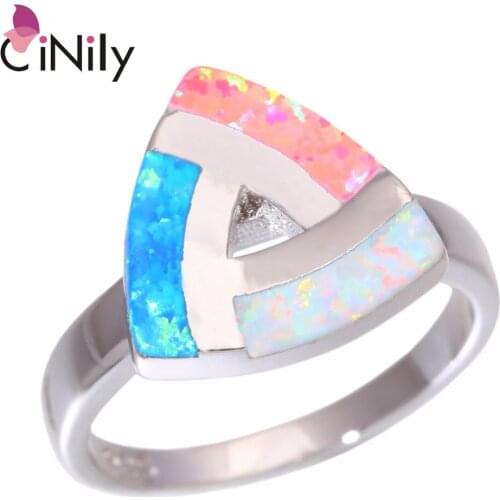 CiNily Created Pink White Blue Fire Opal Silver Plated Wholesale for Women Jewelry Christmas Gift Ring Size 7-9 OJ9279