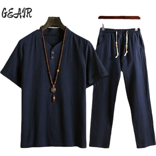 Summer Plus Size Cotton Linen Suit Mens Short-sleeved T-shirt Pants Two-piece Packed Mens Clothing Islam Muslim Clothers Man
