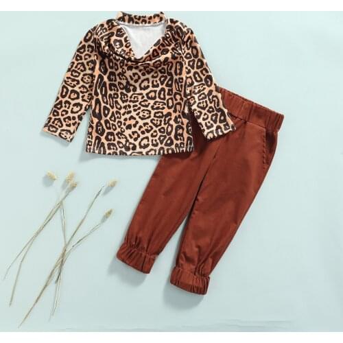 2021 2-7Y Autumn Kids Baby Girl Clothes Set Fashion Leopard Print Pleated V Neck Long Sleeve Top+Solid Pants Spring Outfits 2pcs
