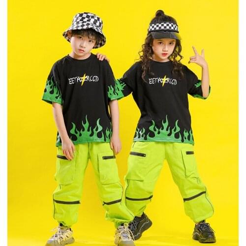 Boys Fashion Hip Hop Clothes Loose T Shirt Top Fluorescent Tactical Pants For Kids Girls Jazz Dance Costume Streetwear Outfits