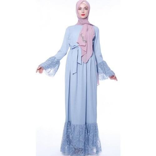 Muslim Dress Women Lace Stitching Lace-up Muslim Robe Abaya Dress Muslim Fashion Abaya Dubai Abaya Turkey Belt Long Dress