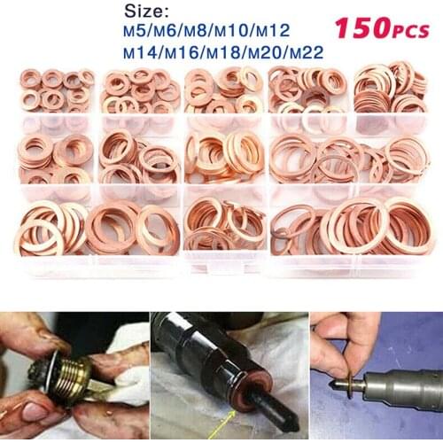 150Pcs Oil Drain Plug Gaskets Set Flat Sealing Ring Copper Washer Car Accessories M5-M22 Assortment Copper Oil Drain Washers Kit